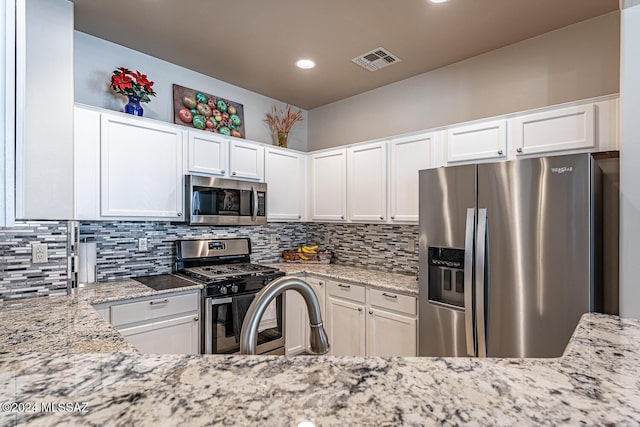 kitchen with light stone countertops, white cabinets, and stainless steel appliances