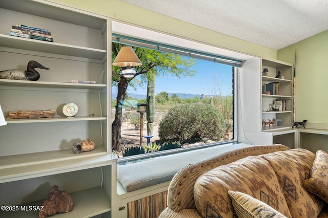 living area featuring a textured ceiling