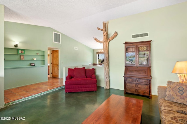 tiled living room with a chandelier, built in shelves, a textured ceiling, and vaulted ceiling