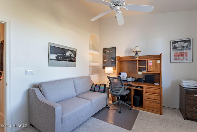 office space with carpet floors and a ceiling fan