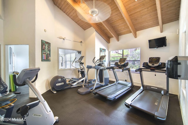 workout area featuring high vaulted ceiling, ceiling fan, and wood ceiling