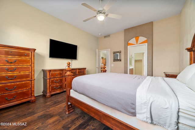 63506 E Harmony Dr, Tucson, AZ 85739 - bedroom featuring ensuite bathroom, dark hardwood / wood-style floors, and ceiling fan
