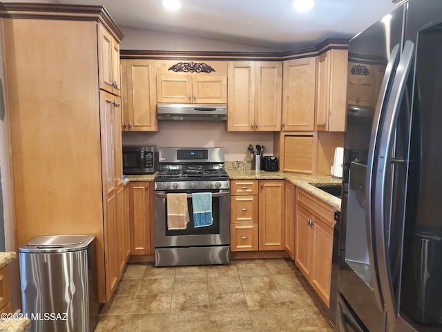 kitchen with light stone counters, lofted ceiling, and stainless steel appliances