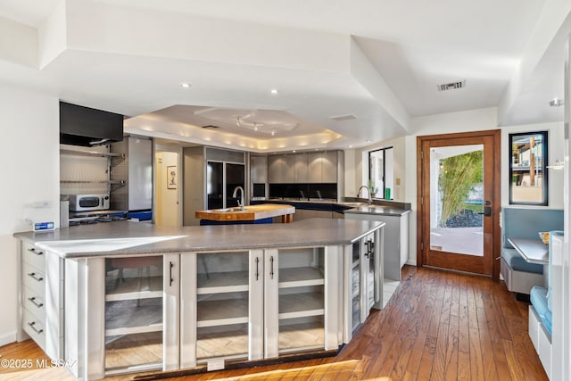 kitchen featuring sink, a tray ceiling, wood-type flooring, and decorative backsplash