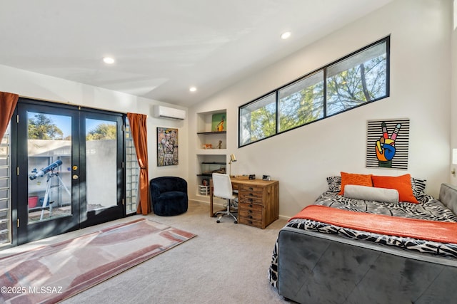 carpeted bedroom with lofted ceiling, access to outside, a wall unit AC, and french doors