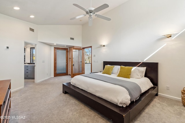 bedroom with high vaulted ceiling, light carpet, and ceiling fan