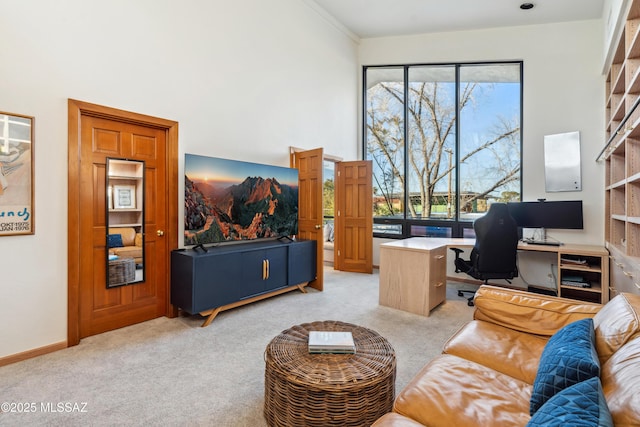 living room featuring light carpet