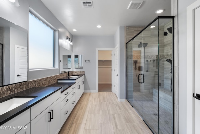 bathroom featuring vanity and a shower with door