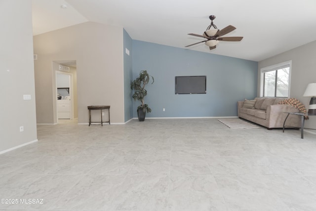 living room with vaulted ceiling and ceiling fan