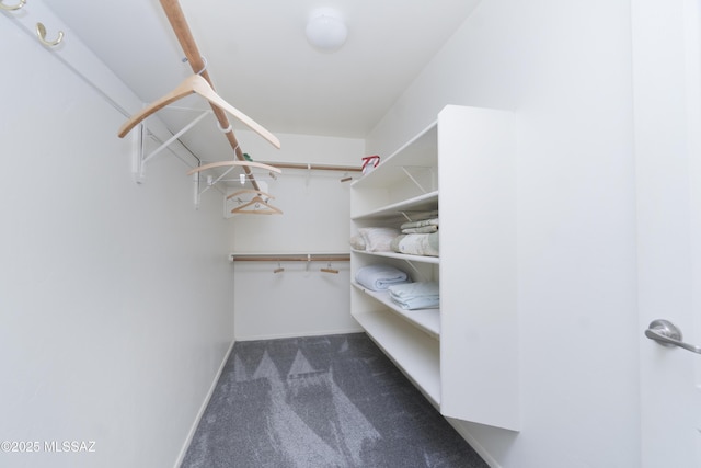 spacious closet featuring dark colored carpet