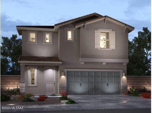 traditional home featuring a garage, fence, stucco siding, and concrete driveway