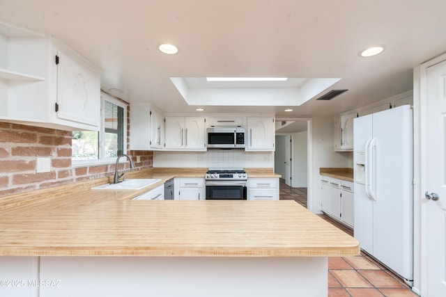 kitchen with sink, white cabinets, decorative backsplash, kitchen peninsula, and stainless steel appliances