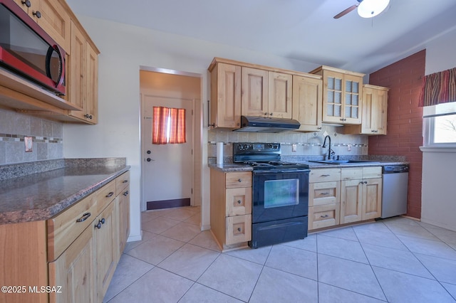 kitchen with sink, stainless steel appliances, decorative backsplash, light brown cabinetry, and light tile patterned flooring