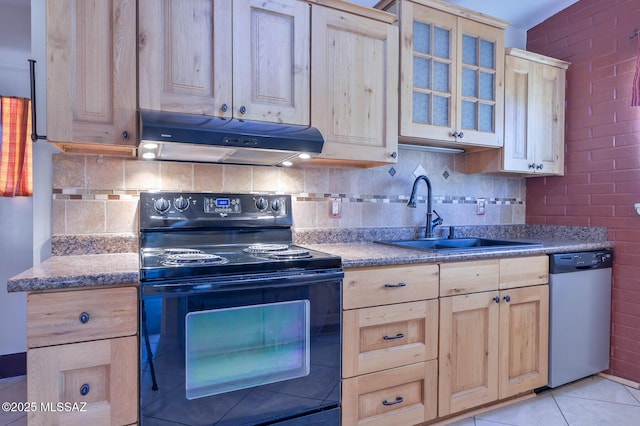 kitchen featuring light brown cabinetry, backsplash, stainless steel dishwasher, sink, and black electric range oven