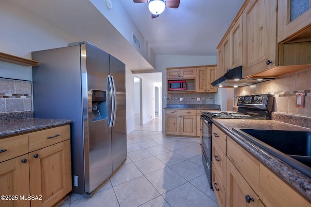 kitchen with backsplash, stainless steel fridge with ice dispenser, black electric range, and ventilation hood