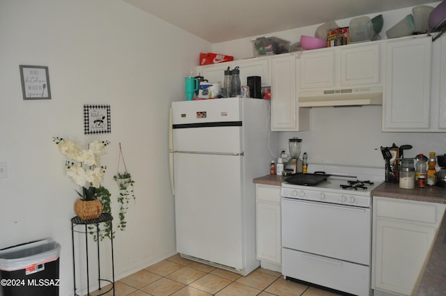 kitchen with white cabinetry, light tile patterned floors, white appliances, and ventilation hood