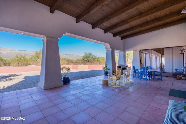 view of patio with a mountain view