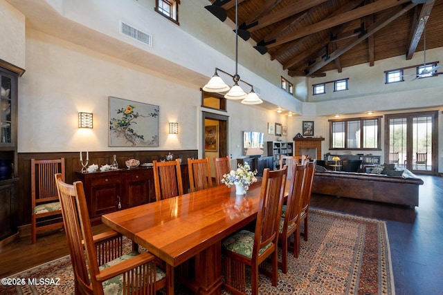 dining area featuring beam ceiling, dark hardwood / wood-style floors, high vaulted ceiling, and wood ceiling