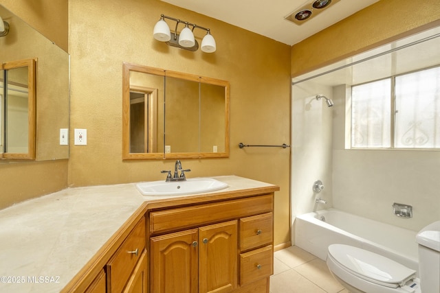 bathroom featuring tile patterned floors, vanity, toilet, and bathing tub / shower combination