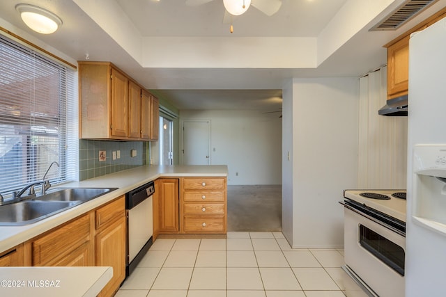 kitchen featuring under cabinet range hood, a sink, visible vents, light countertops, and white range with electric stovetop