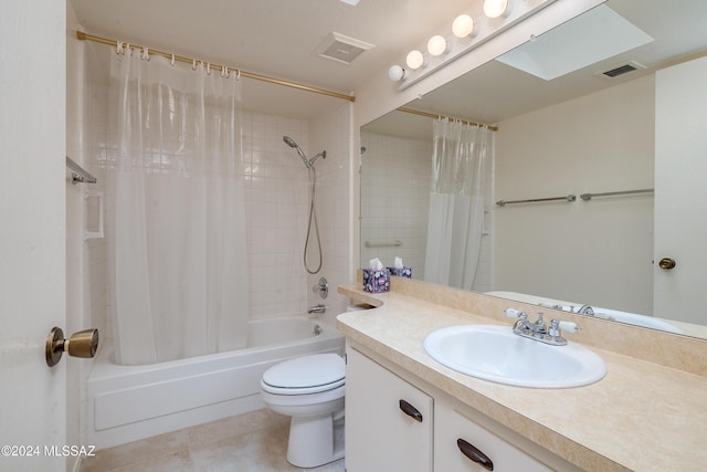 full bathroom with toilet, shower / tub combo, tile patterned flooring, and visible vents