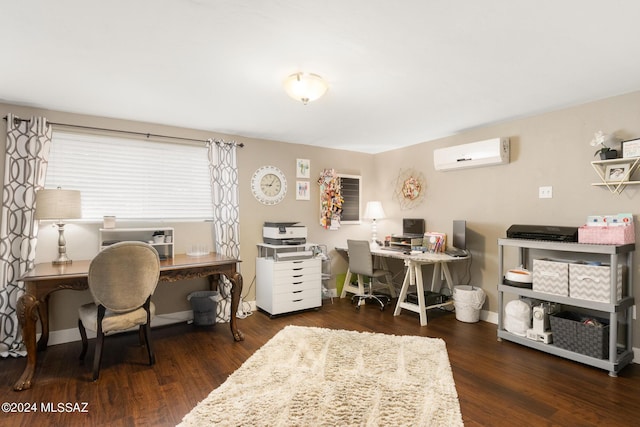 office featuring dark hardwood / wood-style floors and a wall unit AC