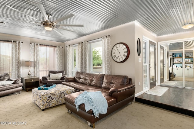 living room featuring ceiling fan