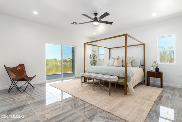 bedroom with access to outside, multiple windows, and ceiling fan