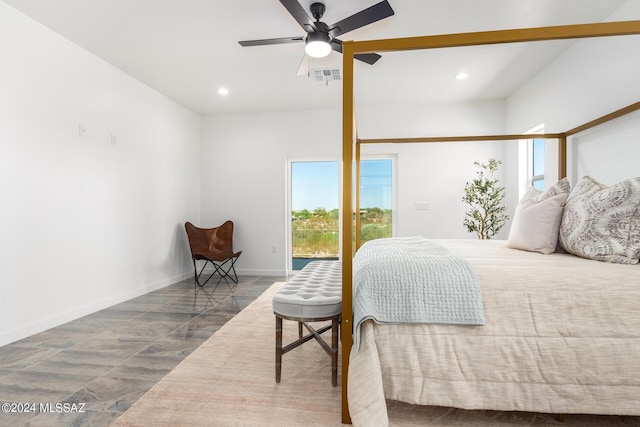 bedroom with access to outside and ceiling fan