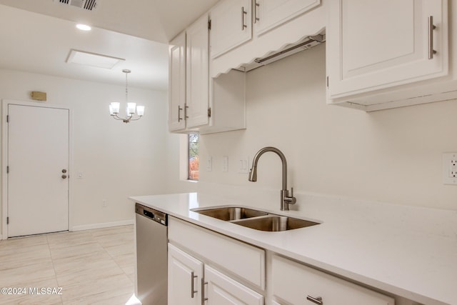 kitchen with white cabinetry, sink, hanging light fixtures, stainless steel dishwasher, and a chandelier