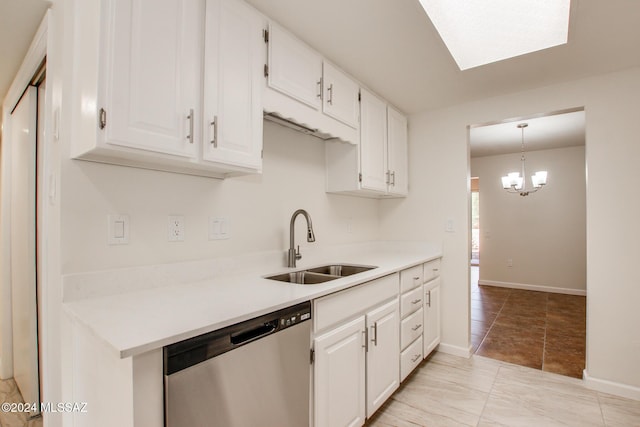 kitchen with dishwasher, sink, hanging light fixtures, a chandelier, and white cabinets