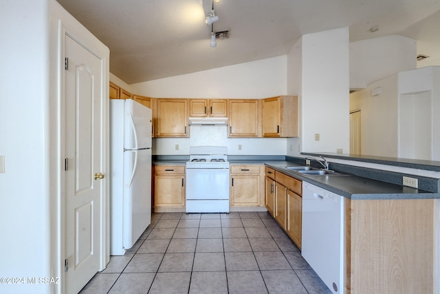 kitchen featuring white appliances, sink, light brown cabinetry, and vaulted ceiling