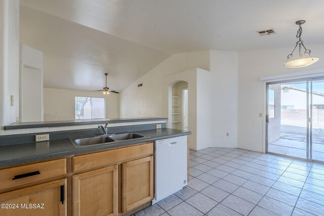 kitchen with dishwasher, a healthy amount of sunlight, lofted ceiling, and sink