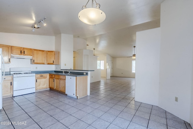 kitchen with decorative light fixtures, ceiling fan, white appliances, and vaulted ceiling