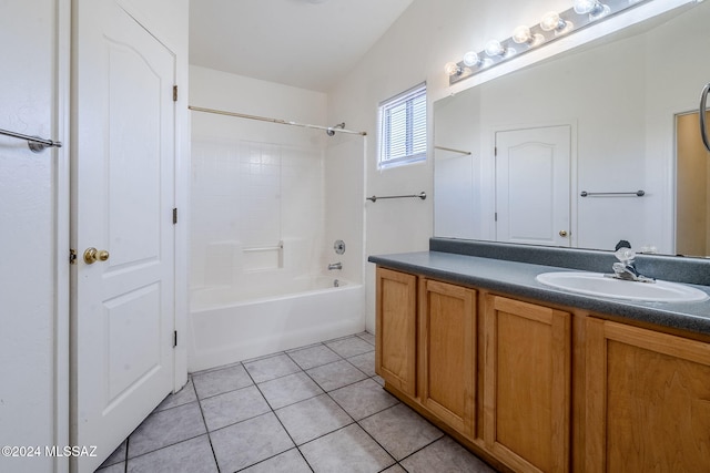 bathroom with shower / tub combination, tile patterned flooring, and vanity