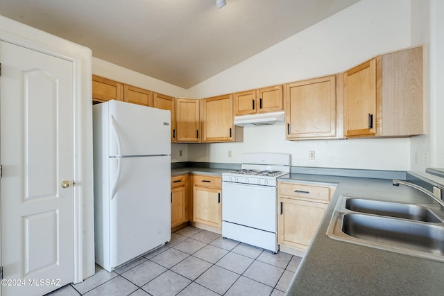 kitchen featuring sink, light brown cabinets, lofted ceiling, white appliances, and light tile patterned floors