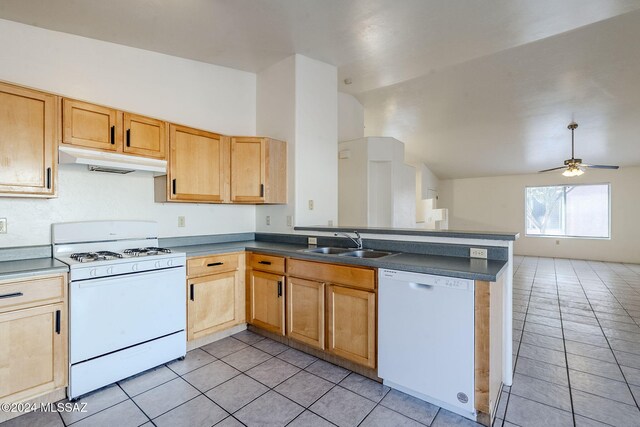 kitchen with white appliances, sink, vaulted ceiling, ceiling fan, and kitchen peninsula