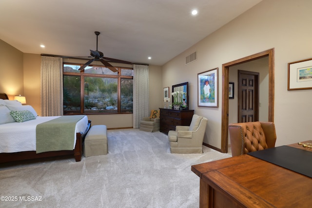 carpeted bedroom with ceiling fan