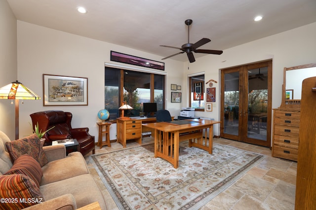 office with ceiling fan and french doors