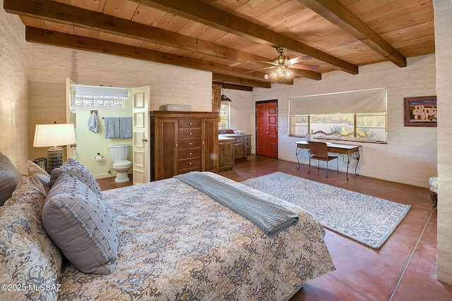 bedroom featuring ceiling fan, ensuite bath, beam ceiling, and wood ceiling