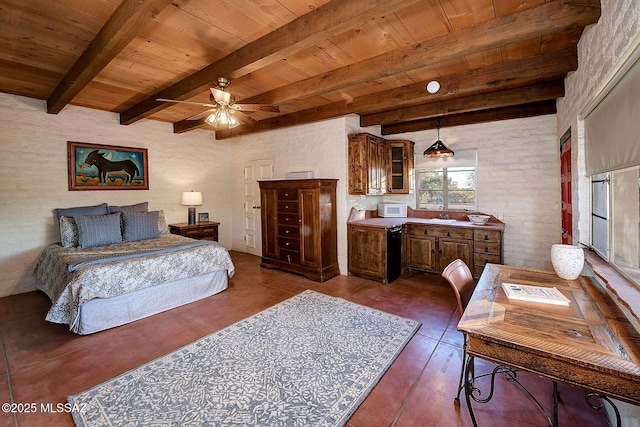 bedroom with wood ceiling, brick wall, beam ceiling, dark hardwood / wood-style flooring, and ceiling fan