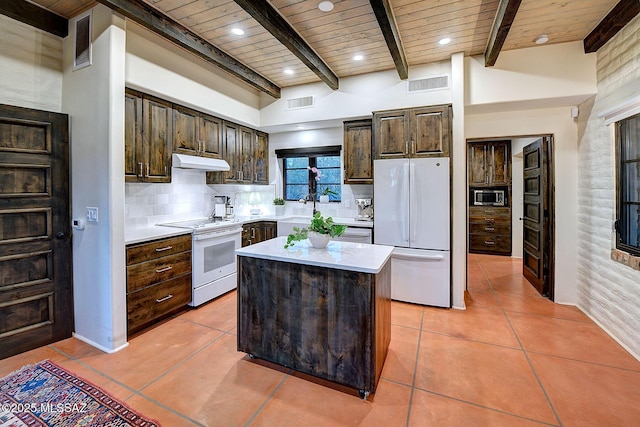 kitchen featuring white appliances, wooden ceiling, tasteful backsplash, dark brown cabinets, and a kitchen island