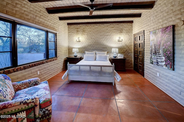 bedroom featuring wood ceiling, brick wall, log walls, and beamed ceiling