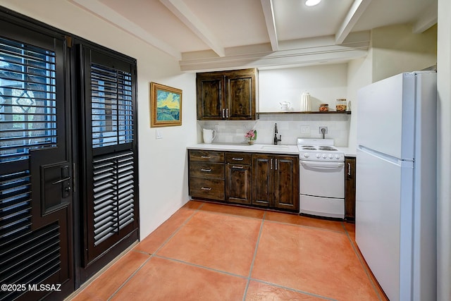 kitchen featuring white appliances, dark brown cabinetry, beamed ceiling, sink, and backsplash