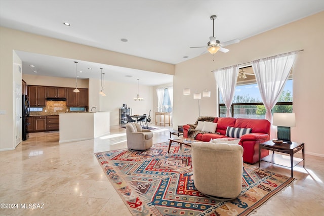 living room with ceiling fan