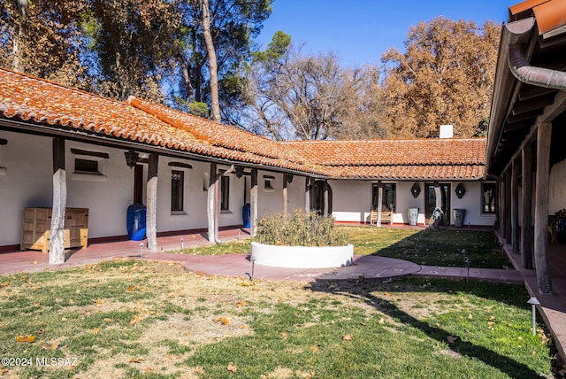 back of house with a patio area and a lawn