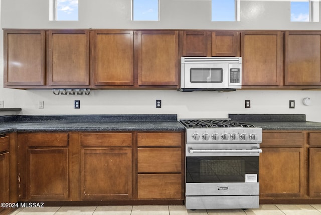 kitchen with light tile patterned flooring, a healthy amount of sunlight, and high end stainless steel range