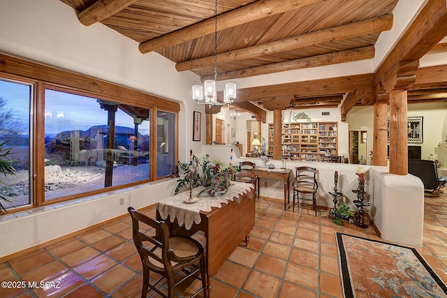 dining space featuring beamed ceiling, a notable chandelier, and wooden ceiling