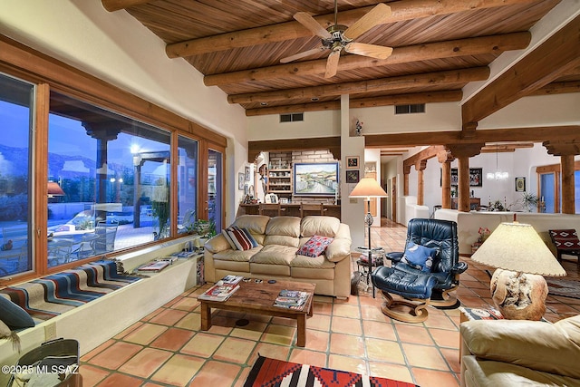 living room with wood ceiling, beam ceiling, and ceiling fan with notable chandelier