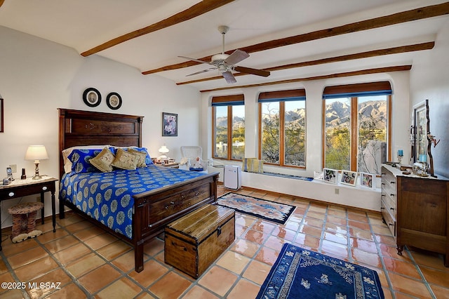 bedroom featuring beamed ceiling and light tile patterned floors